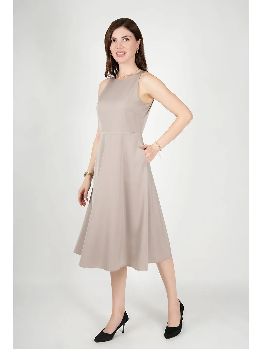 Exude Golden Glow Satin Dress with Pockets (Beige)