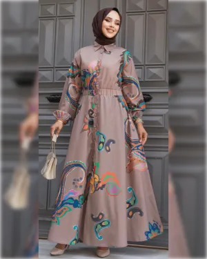 Fatimah Cinch Waist Maxi Shirtdress in Light Brown Shade  فستان فاطمة بستايل القميص و بخصر مزموم باللون البني الفاتح الجميل