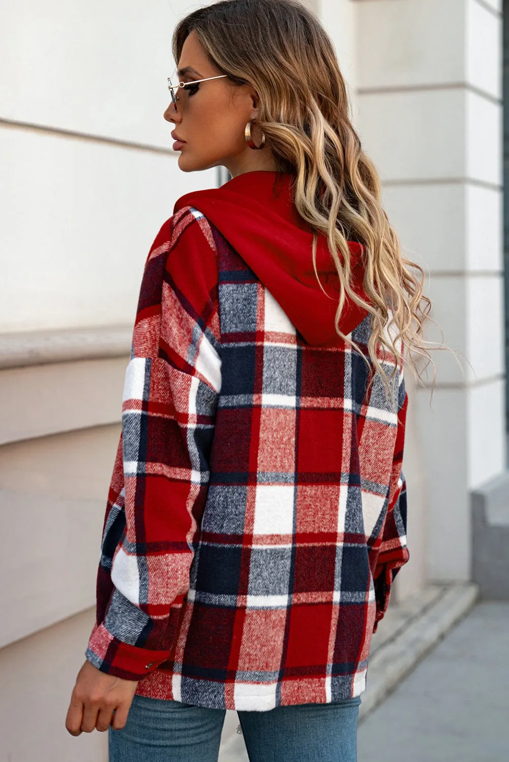 Fiery Red Hooded Plaid Button Front Shacket