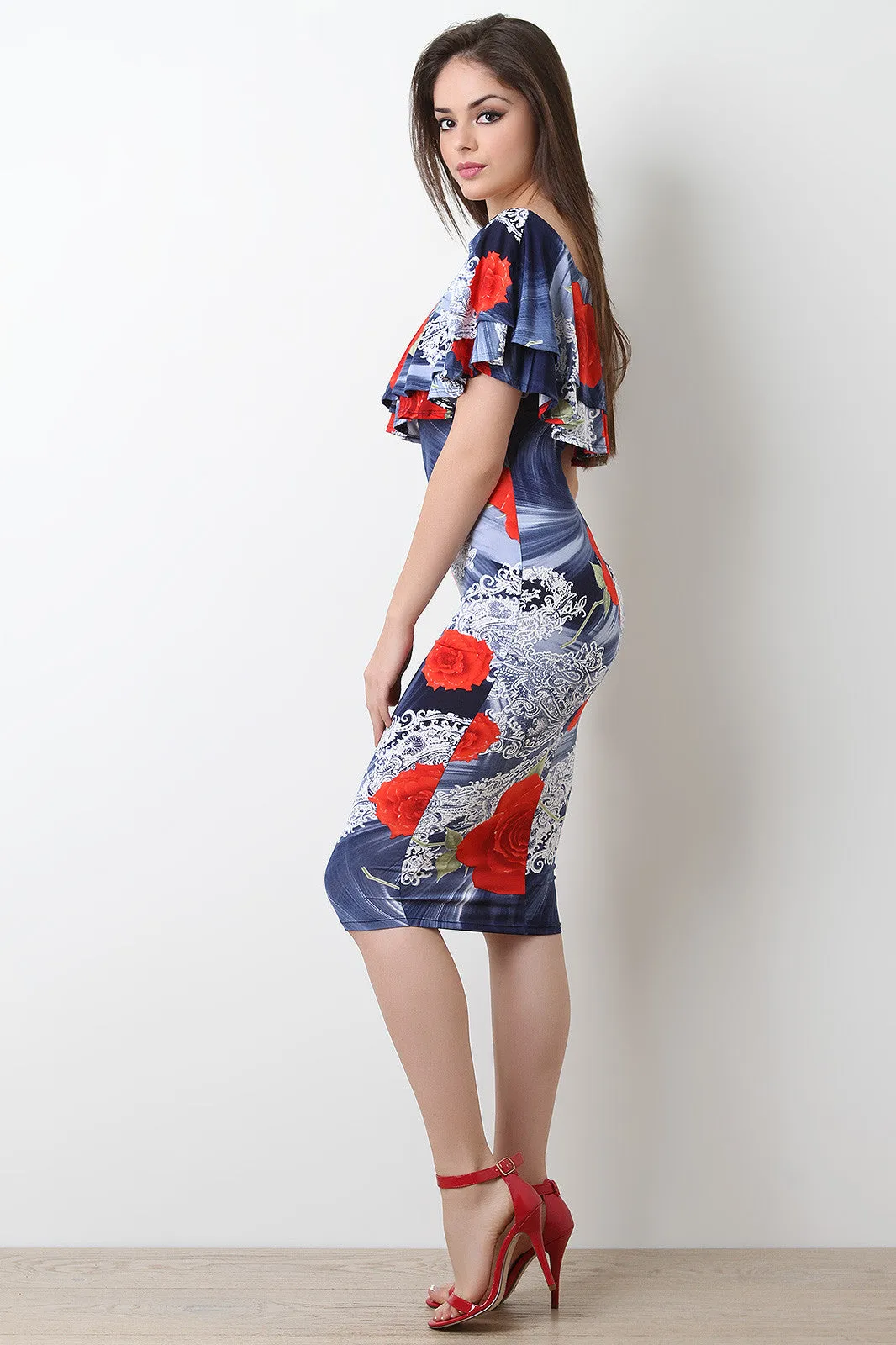 Floral Tier Ruffle Off-The-Shoulder Bodycon Midi Dress