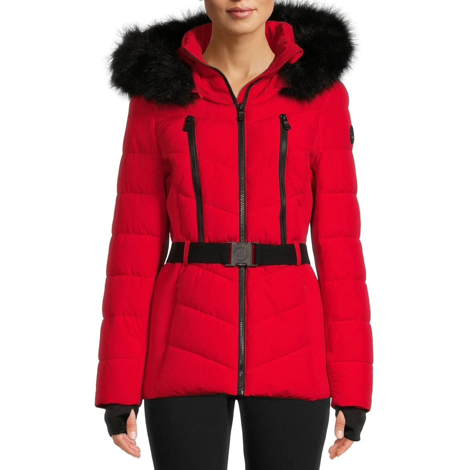 F.O.G. Women's and Plus Belted Puffer Coat with Faux Fur Hood