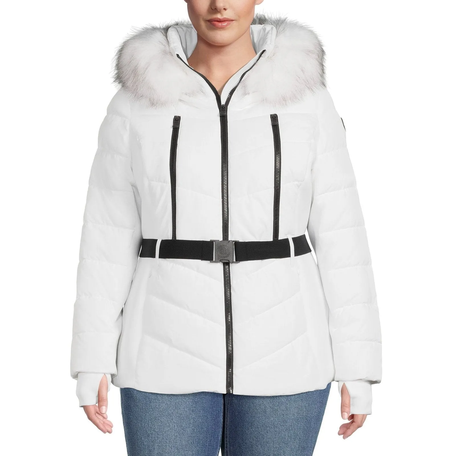 F.O.G. Women's and Plus Belted Puffer Coat with Faux Fur Hood