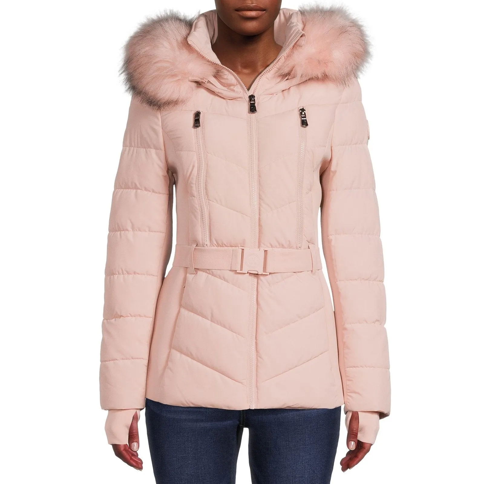 F.O.G. Women's and Plus Belted Puffer Coat with Faux Fur Hood