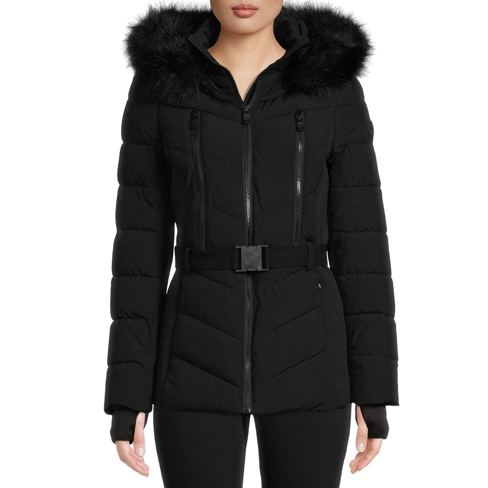 F.O.G. Women's and Plus Belted Puffer Coat with Faux Fur Hood