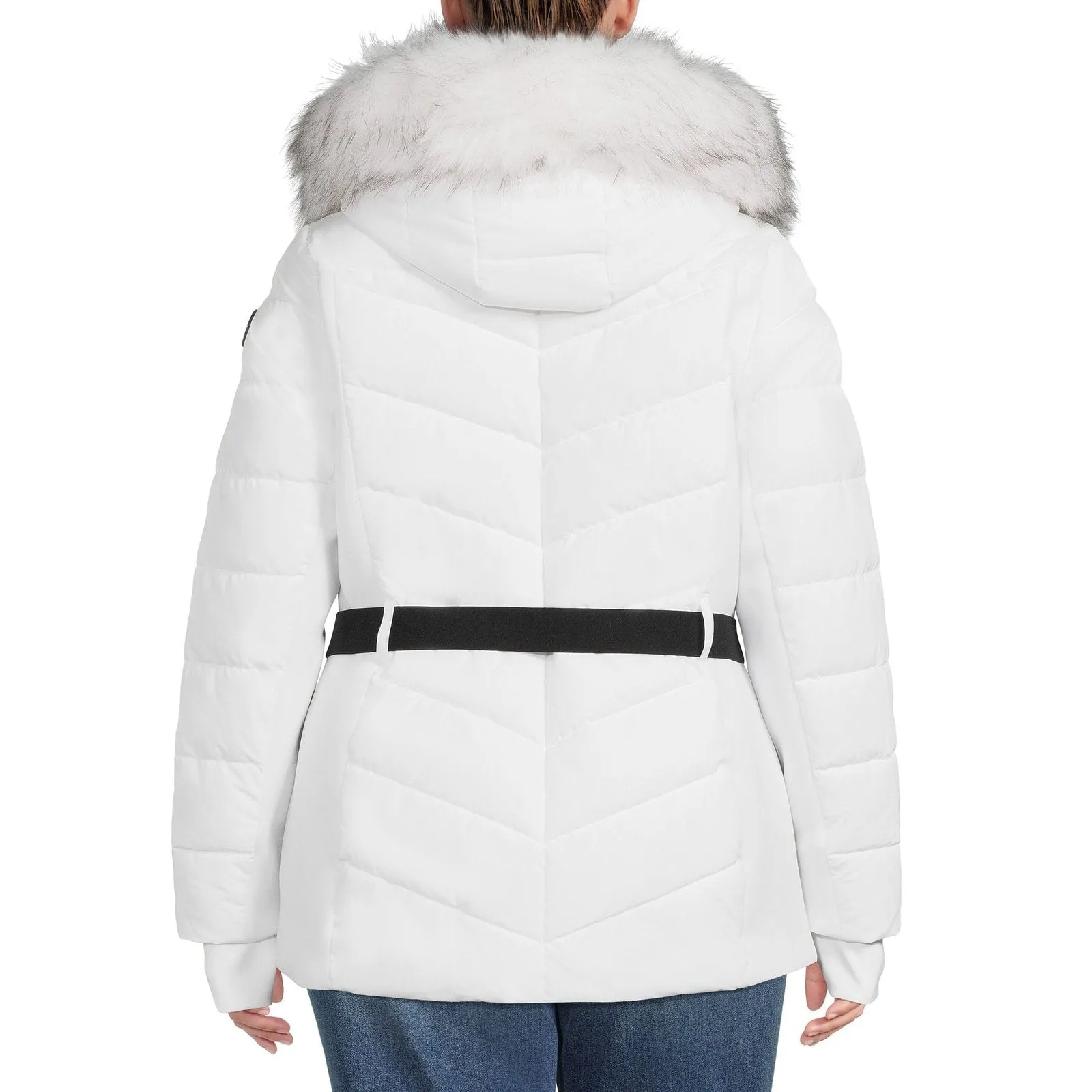 F.O.G. Women's and Plus Belted Puffer Coat with Faux Fur Hood