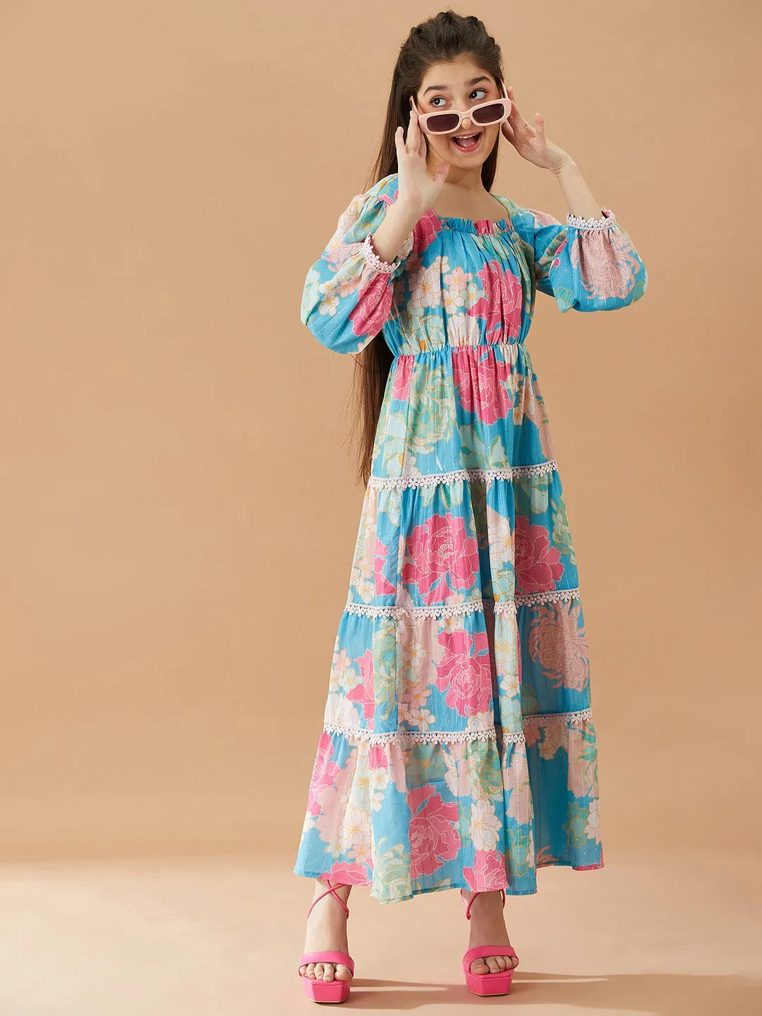 Girls Floral Printed Fit And Flare Tiered Cotton Maxi Dress