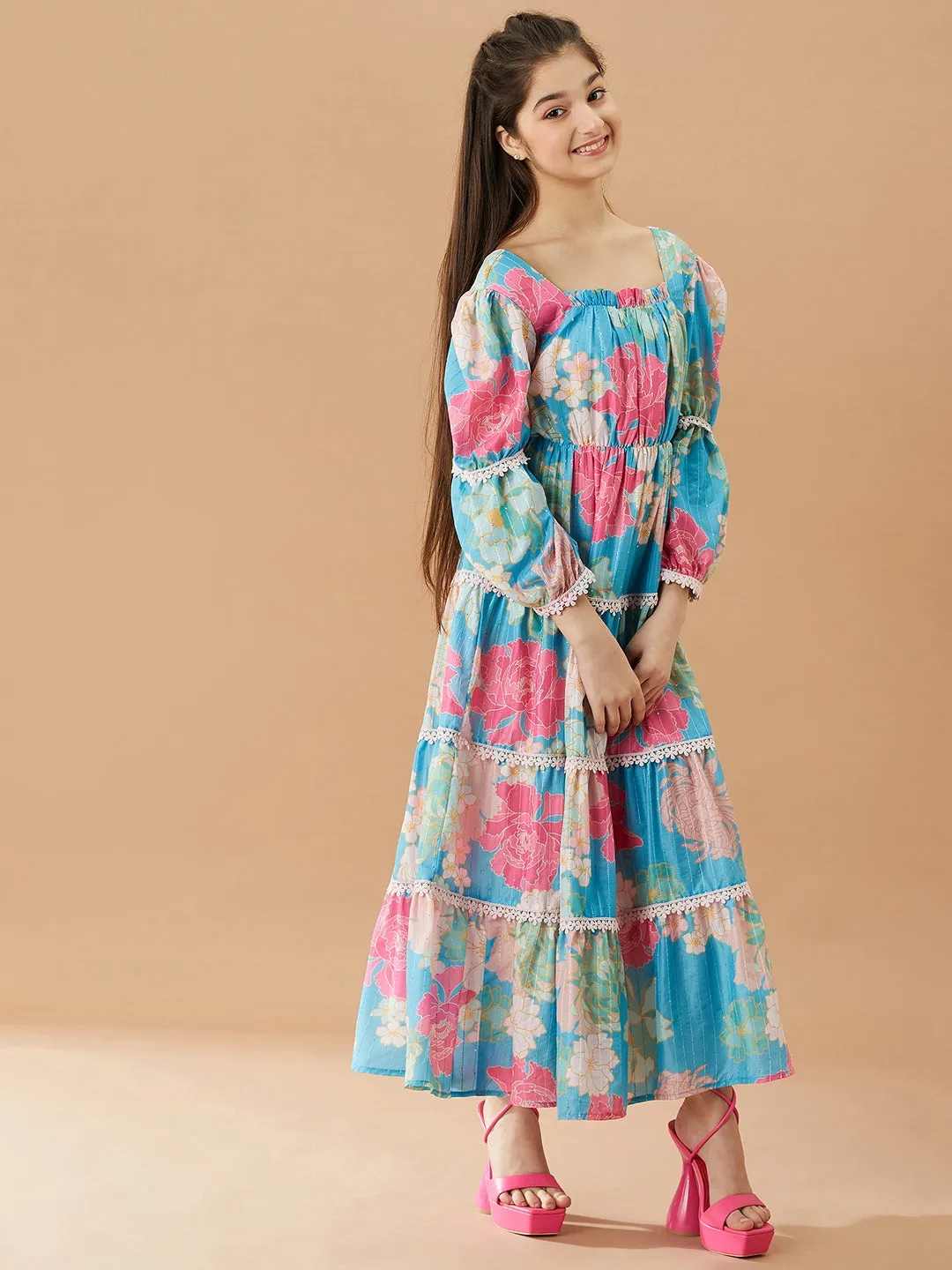 Girls Floral Printed Fit And Flare Tiered Cotton Maxi Dress