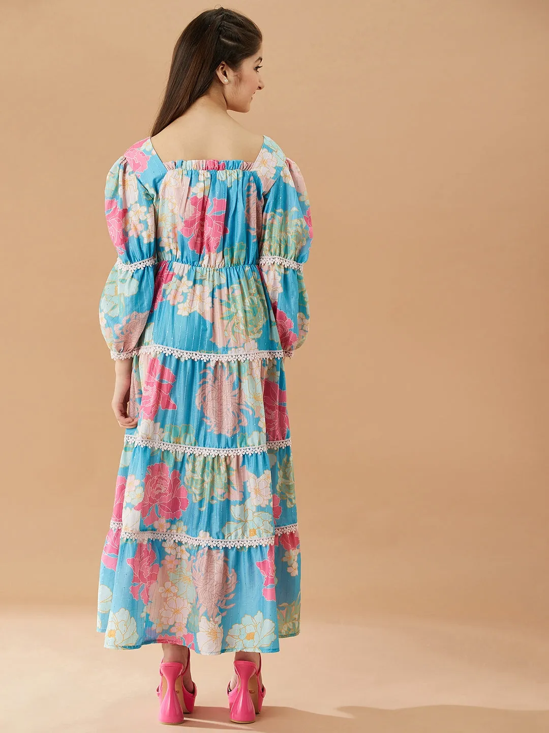 Girls Floral Printed Fit And Flare Tiered Cotton Maxi Dress