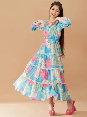 Girls Floral Printed Fit And Flare Tiered Cotton Maxi Dress