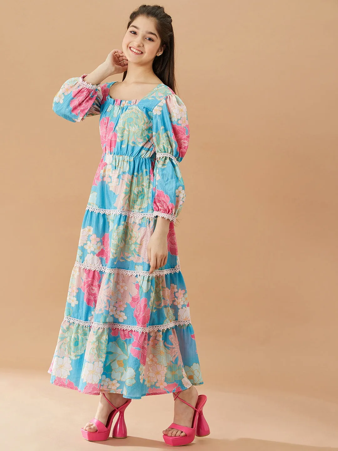 Girls Floral Printed Fit And Flare Tiered Cotton Maxi Dress