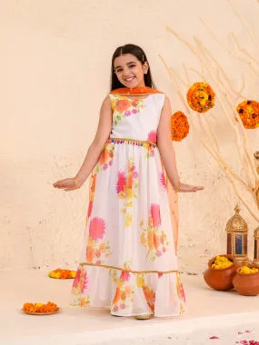 Girls Floral Printed Fit Flare Maxi Ethnic Dress With Dupatta