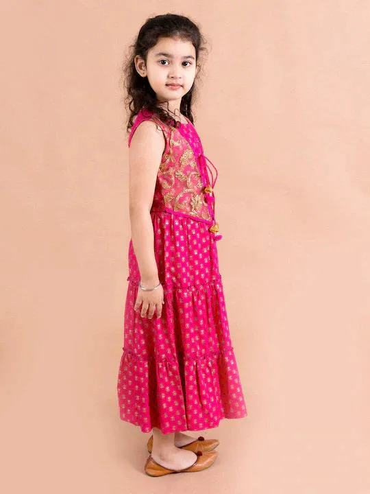 Girls Magenta Ethnic Motifs Maxi Dress