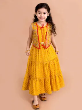 Girls Mustard Yellow Floral Printed Ethnic Maxi Dress