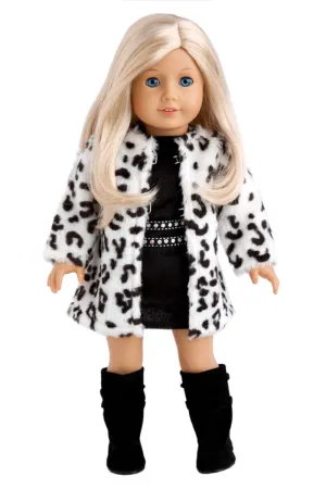 Glamour Girl - Clothes for 18 inch Doll - Snow Leopard Faux Fur Coat with Black Velvet Dress and Boots