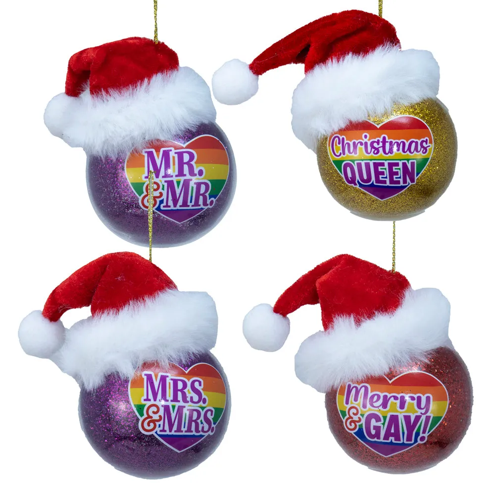 Glass Pride Ball With Santa Hat Ornament, 4 Assorted