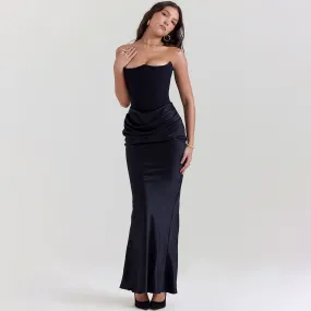 Glossy Satin Bustier Strapless Corset Maxi Fishtail Formal Dress - Black