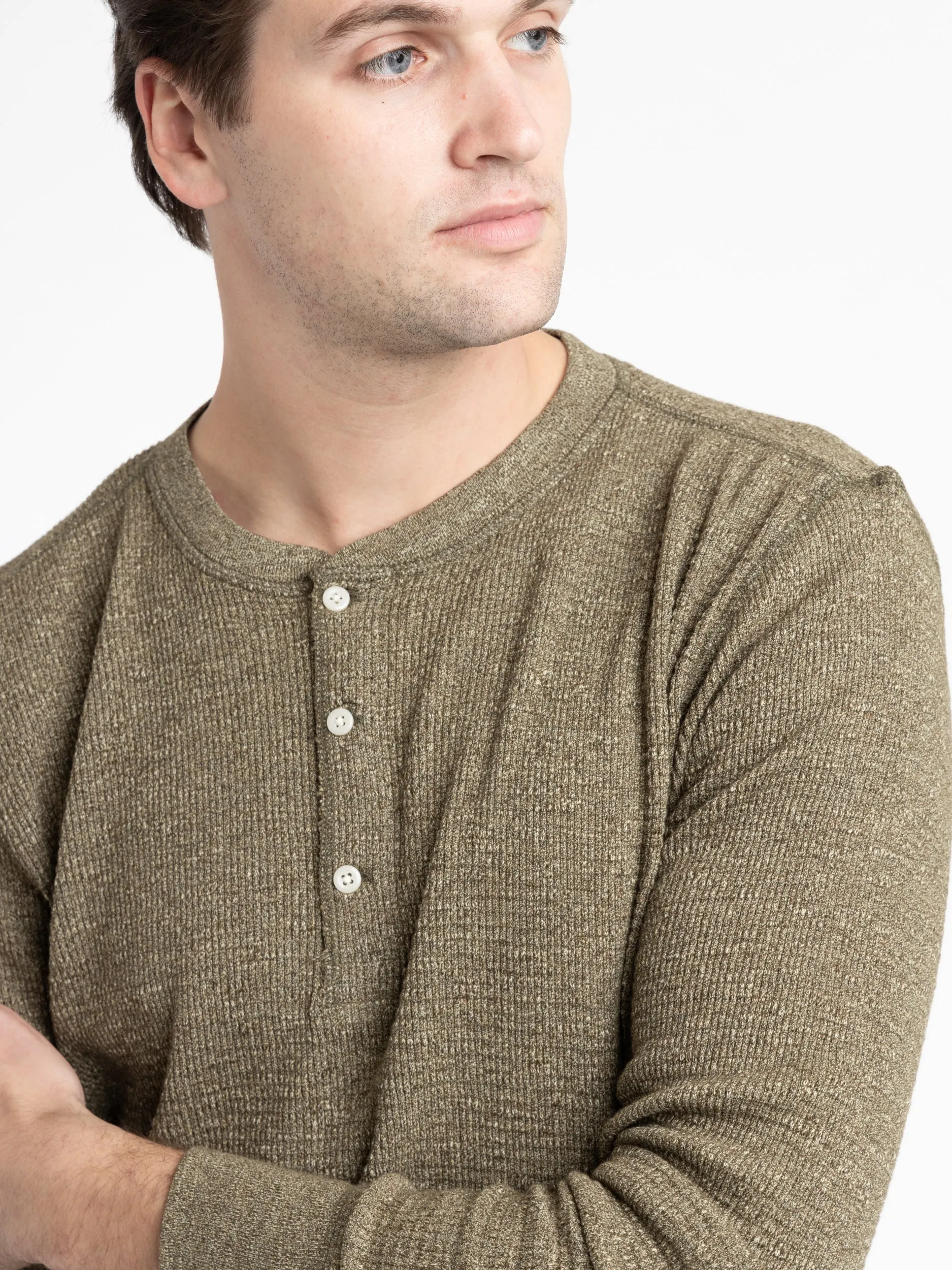 Green Waffle-Knit Henley Shirt