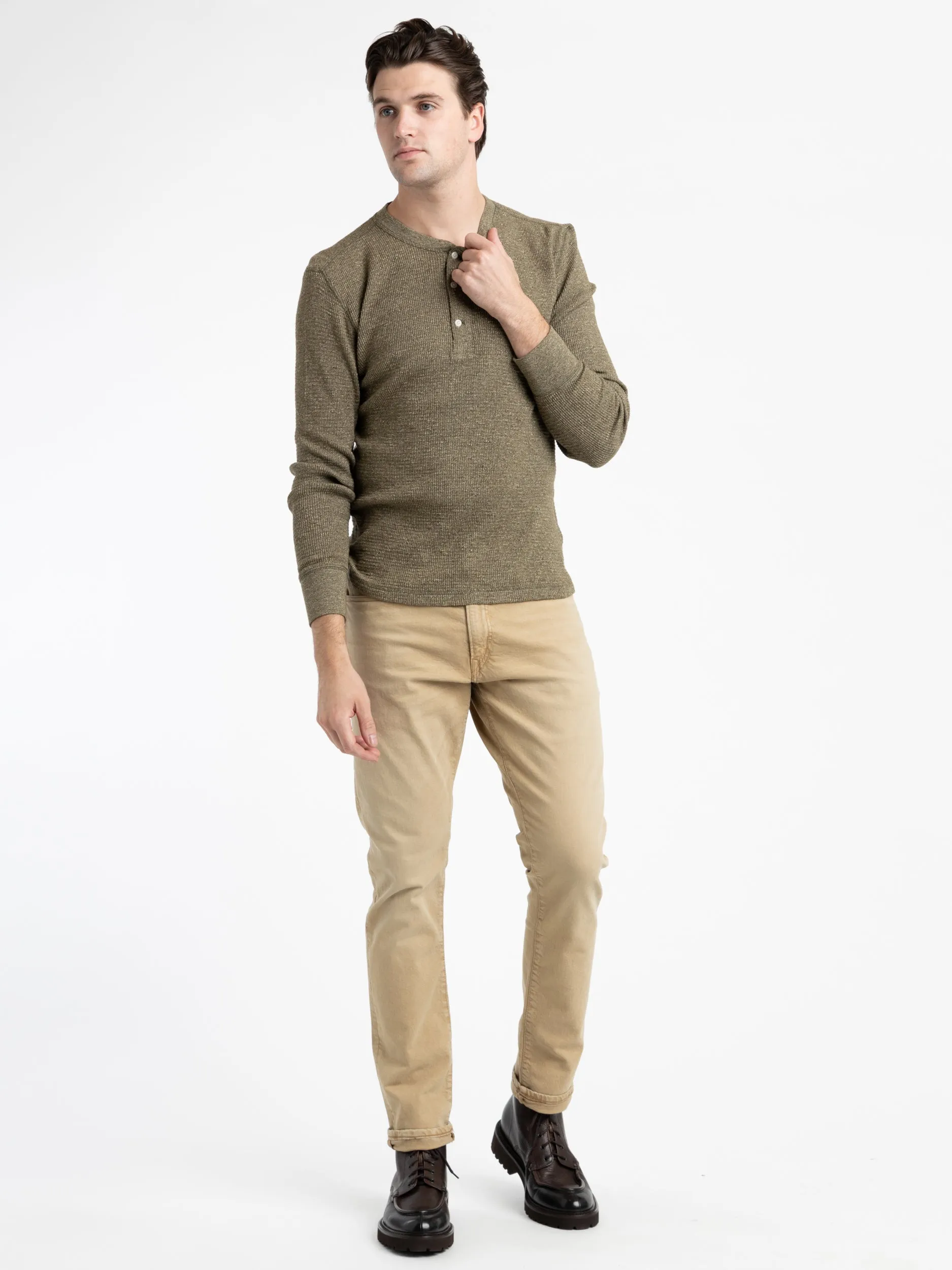 Green Waffle-Knit Henley Shirt