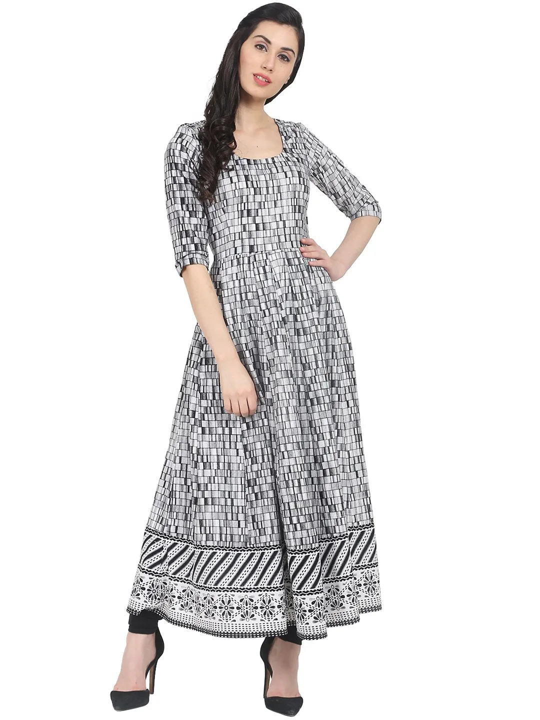 Grey Check Printed 3/4Th Sleeve Cotton Maxi Dress