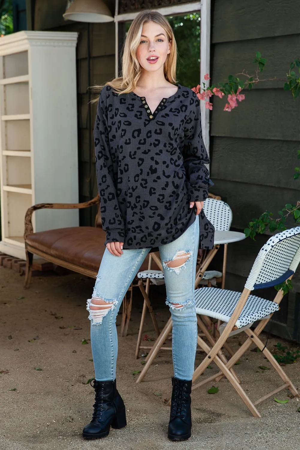 Grey Leopard Print Textured Drop Shoulder Henley Shirt