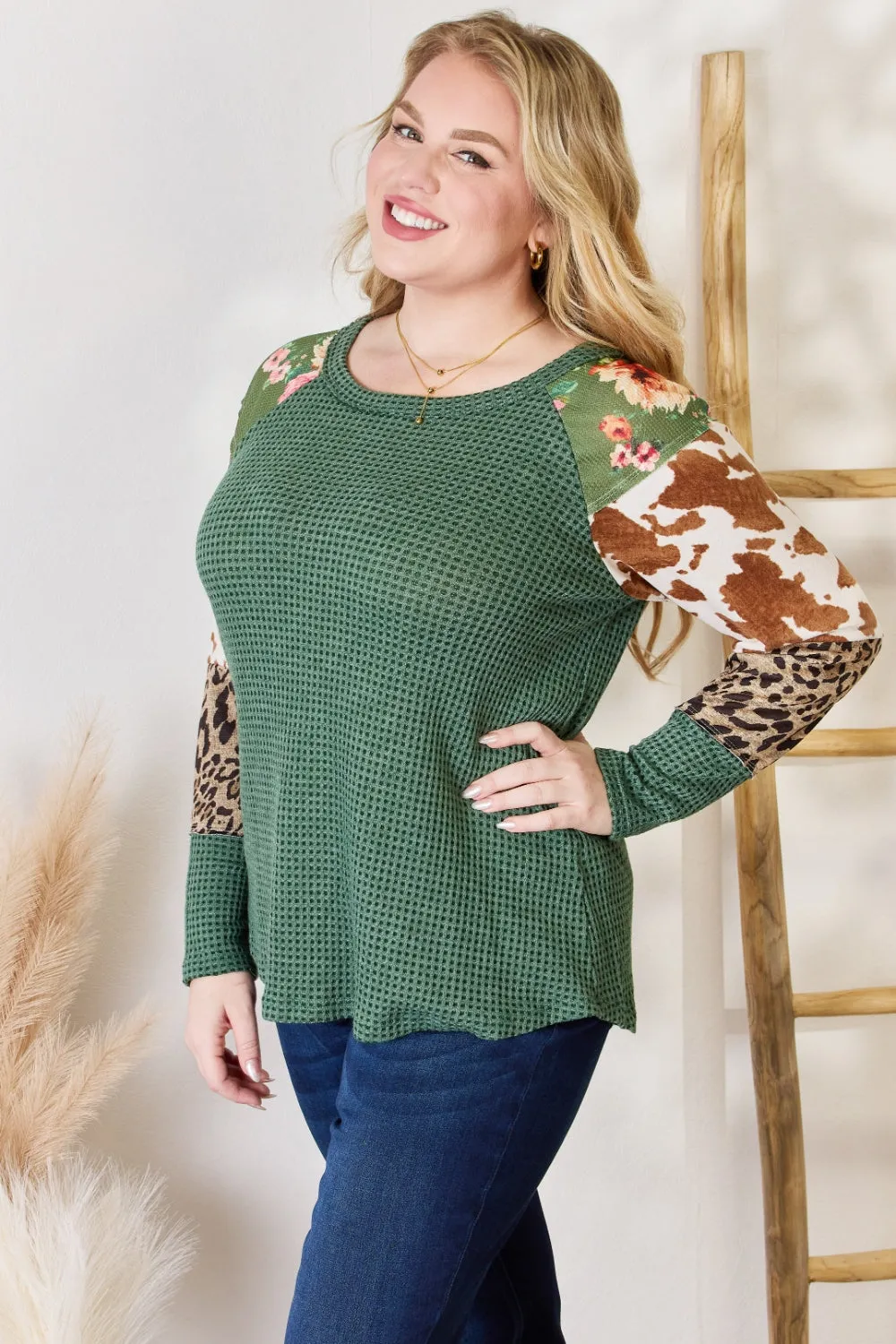 Hailey & Co Full Size Waffle-Knit Leopard Blouse