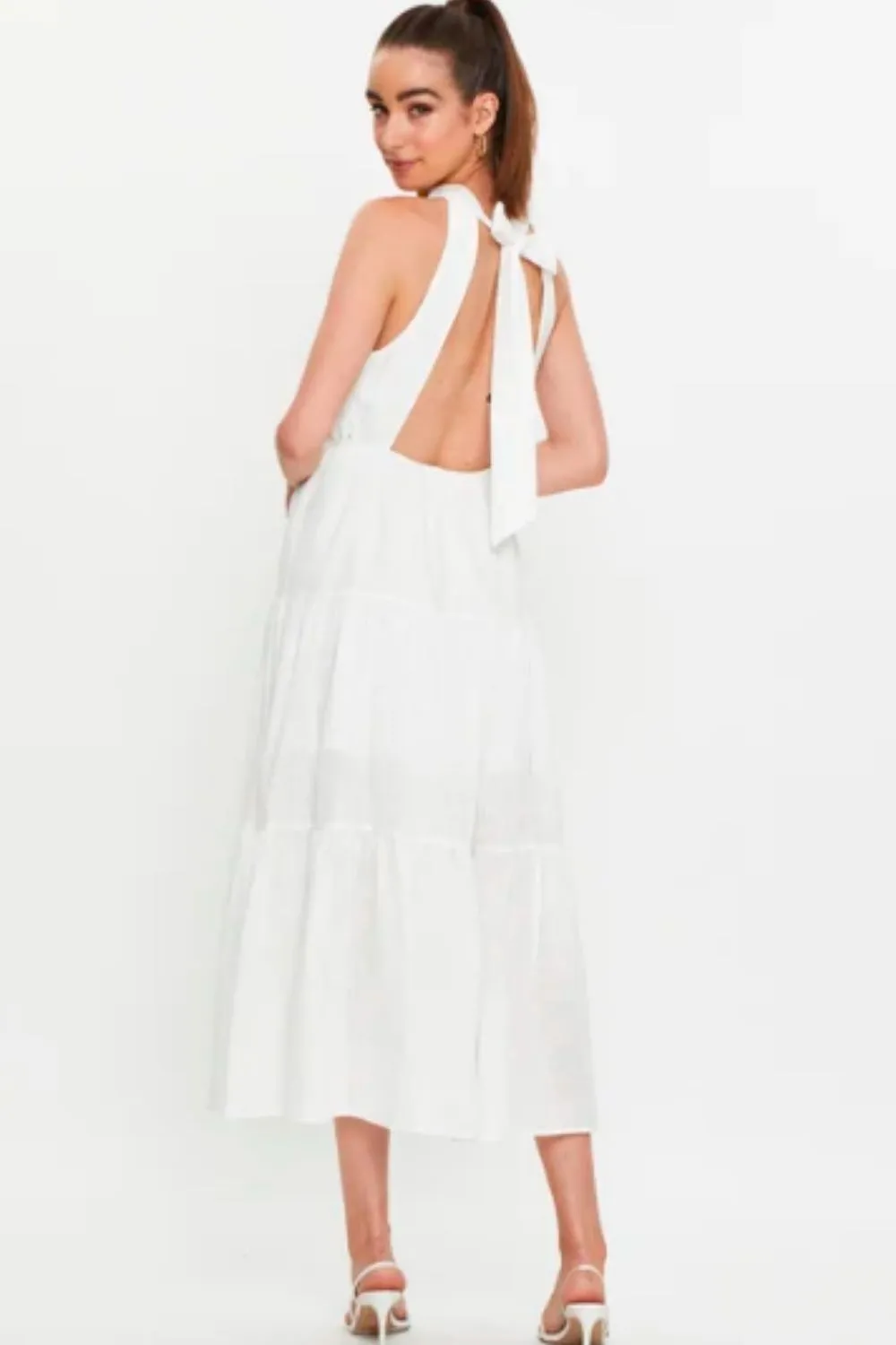 Halter Neck Backless Ruffle Dress White