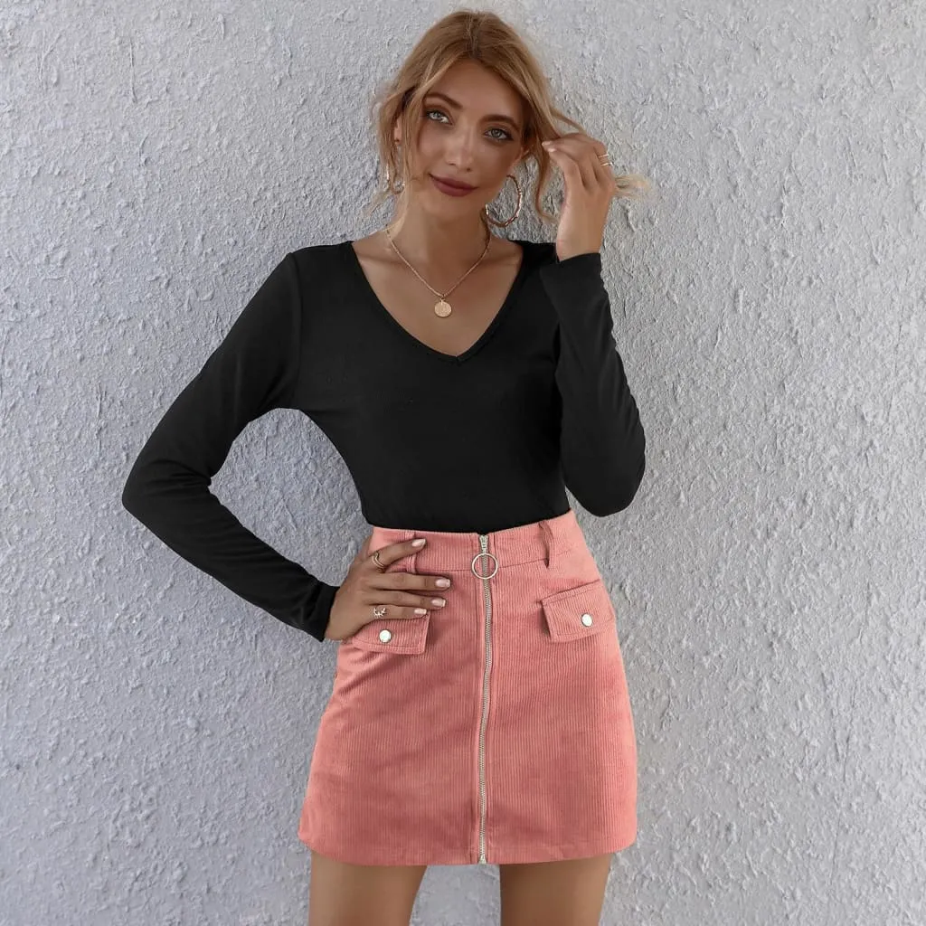 High Waist Flap Pocket Front Zip Up Corduroy Belted Skirt