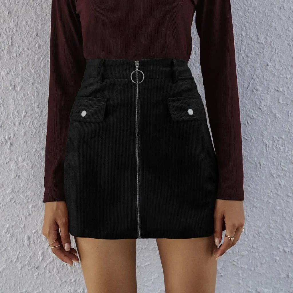 High Waist Flap Pocket Front Zip Up Corduroy Belted Skirt