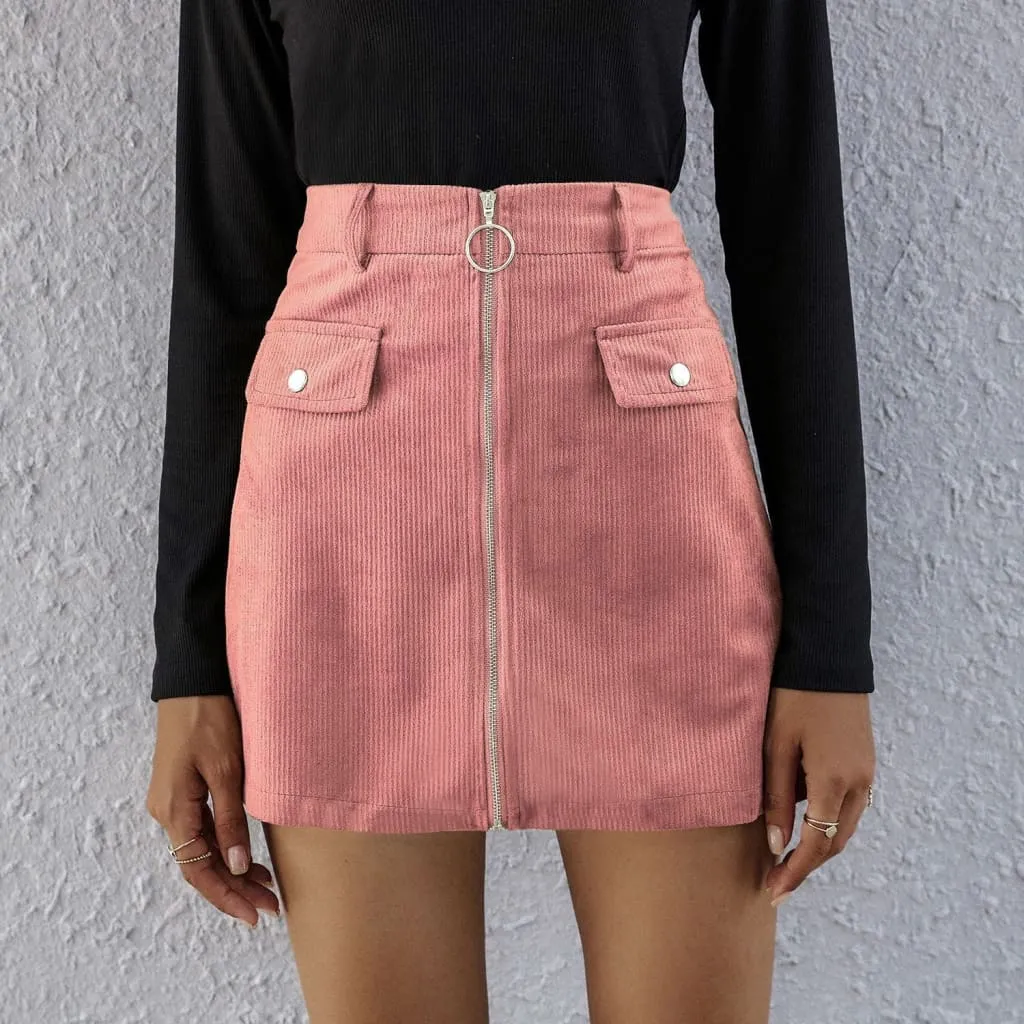 High Waist Flap Pocket Front Zip Up Corduroy Belted Skirt