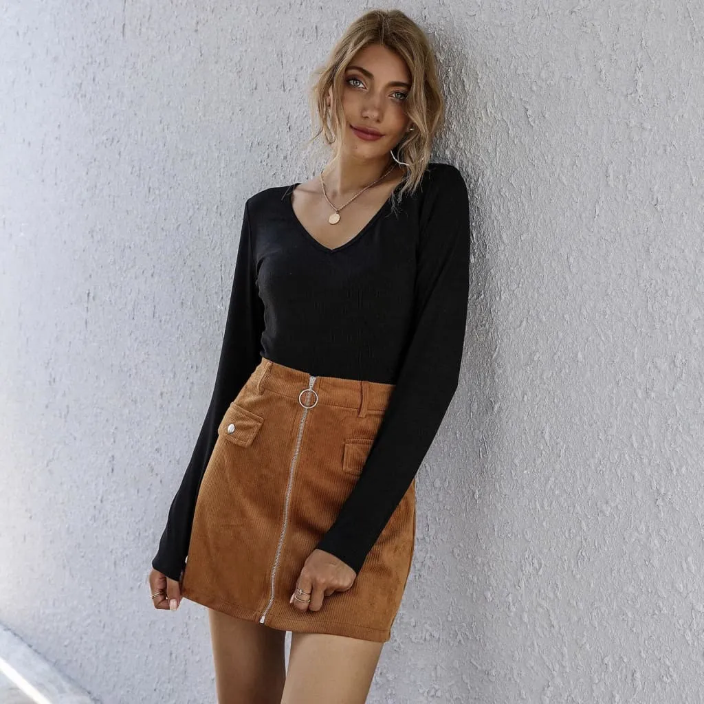 High Waist Flap Pocket Front Zip Up Corduroy Belted Skirt