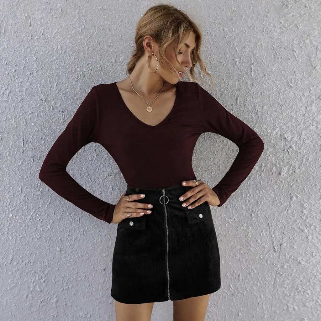 High Waist Flap Pocket Front Zip Up Corduroy Belted Skirt