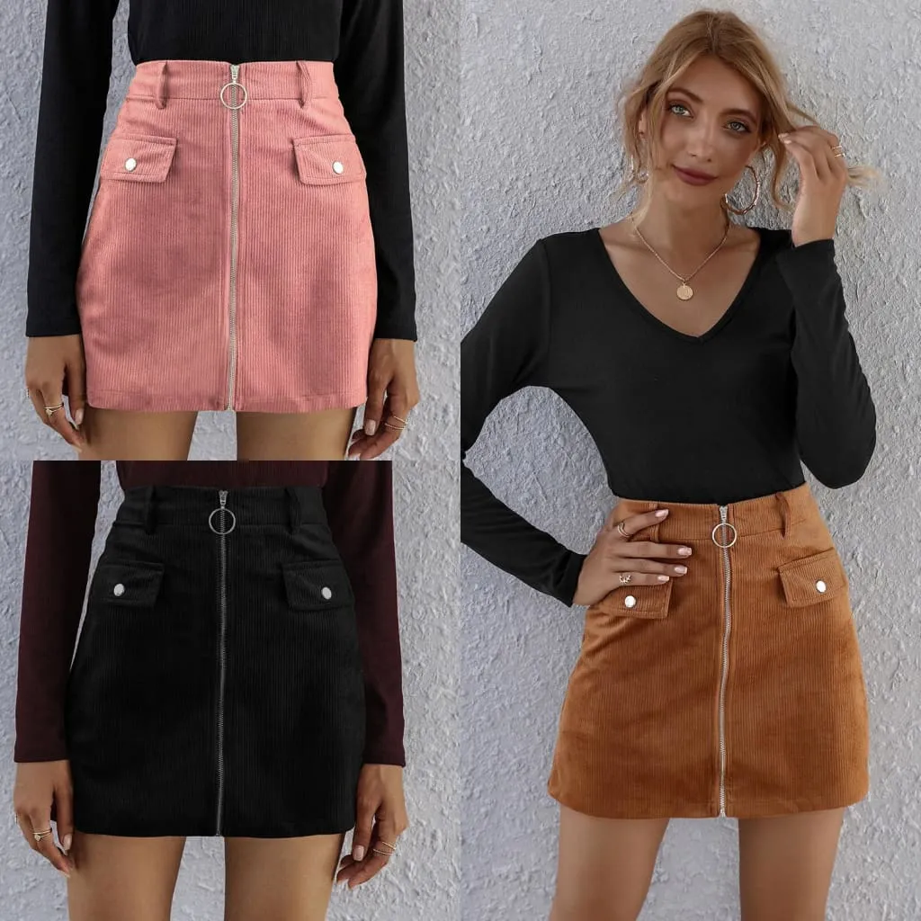 High Waist Flap Pocket Front Zip Up Corduroy Belted Skirt