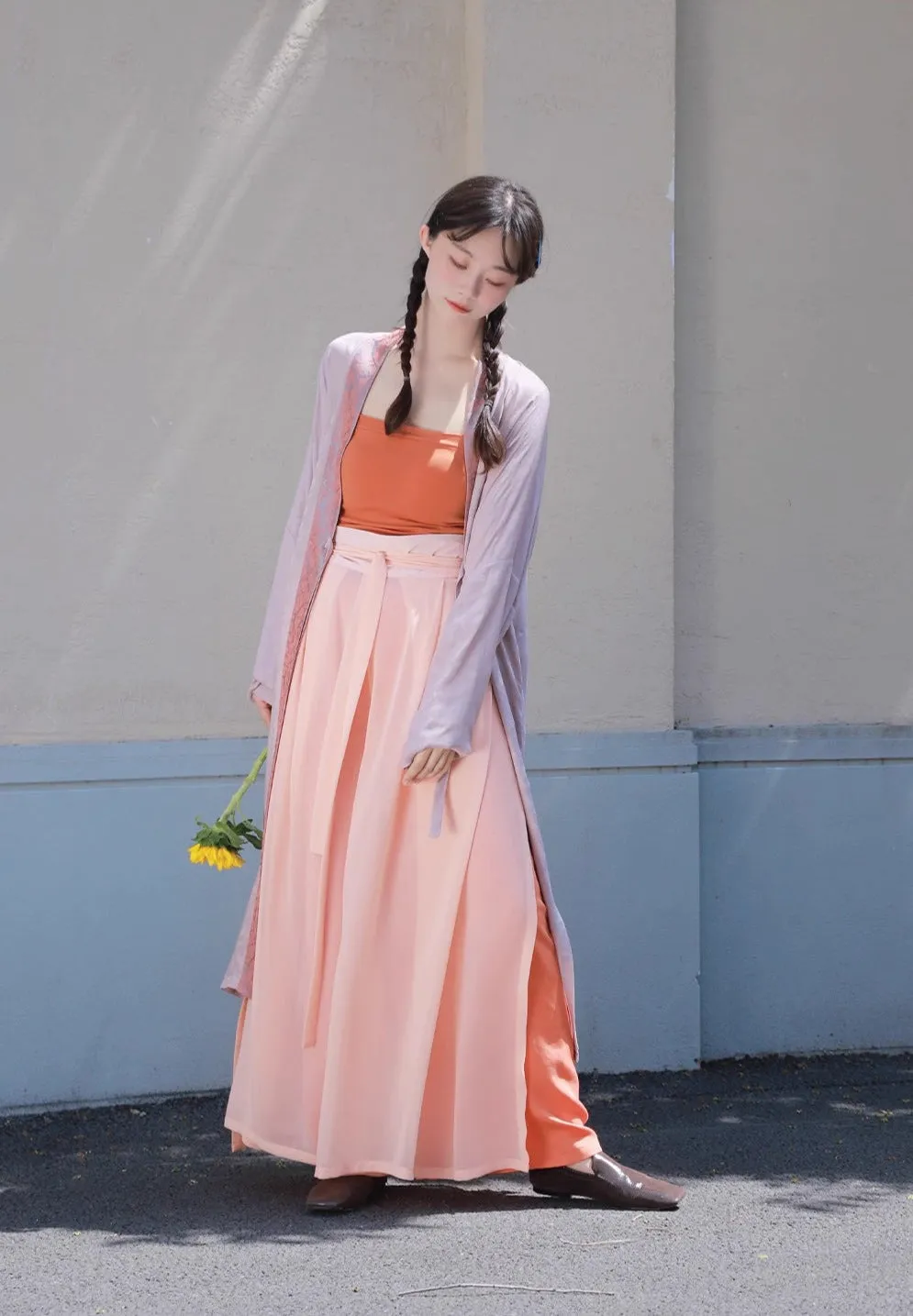 Jüzi Qishui 橘子汽水 Orange Soda Modernized Song Dynasty Beizi & Double Layered Trousers Set