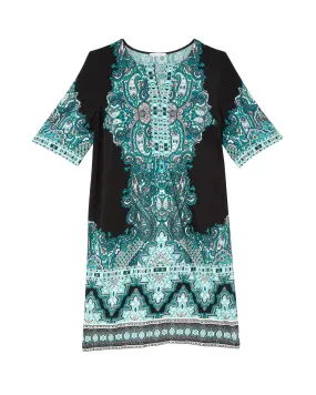 Karis Split-Neck Shift Dress | Black / Teal