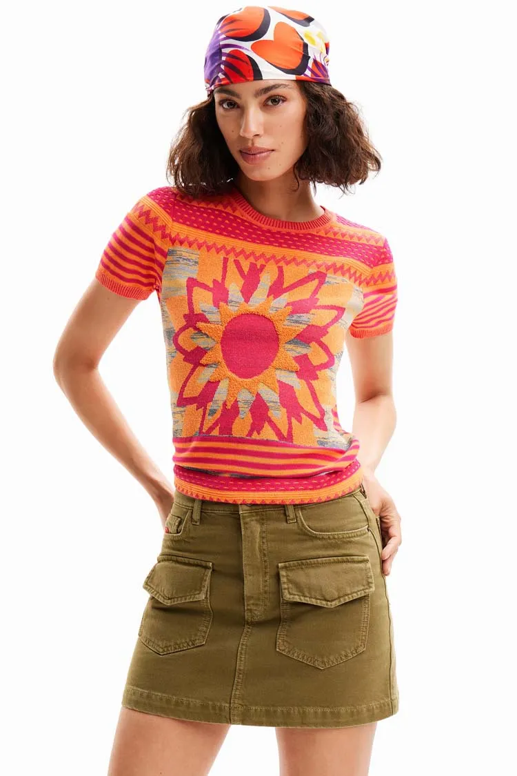 Knit Flower SS T-shirt in Orange