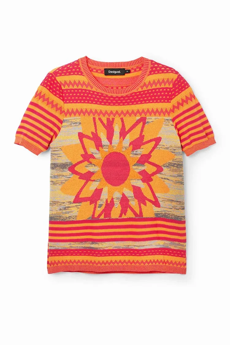 Knit Flower SS T-shirt in Orange