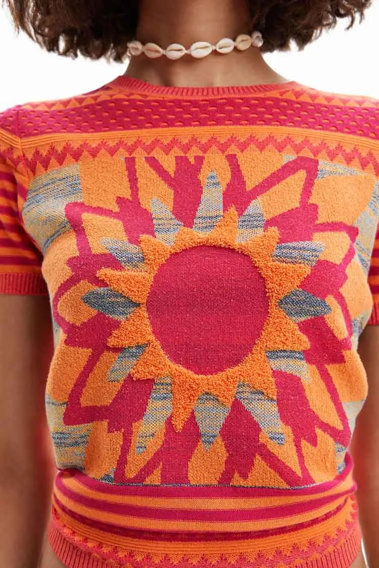 Knit Flower SS T-shirt in Orange