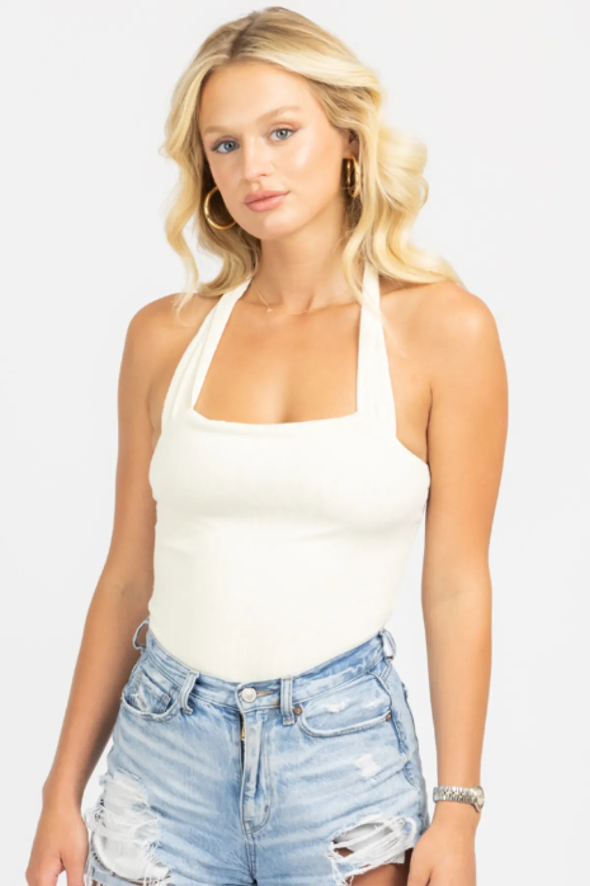 KNIT HALTERNECK BODYSUIT IN WHITE