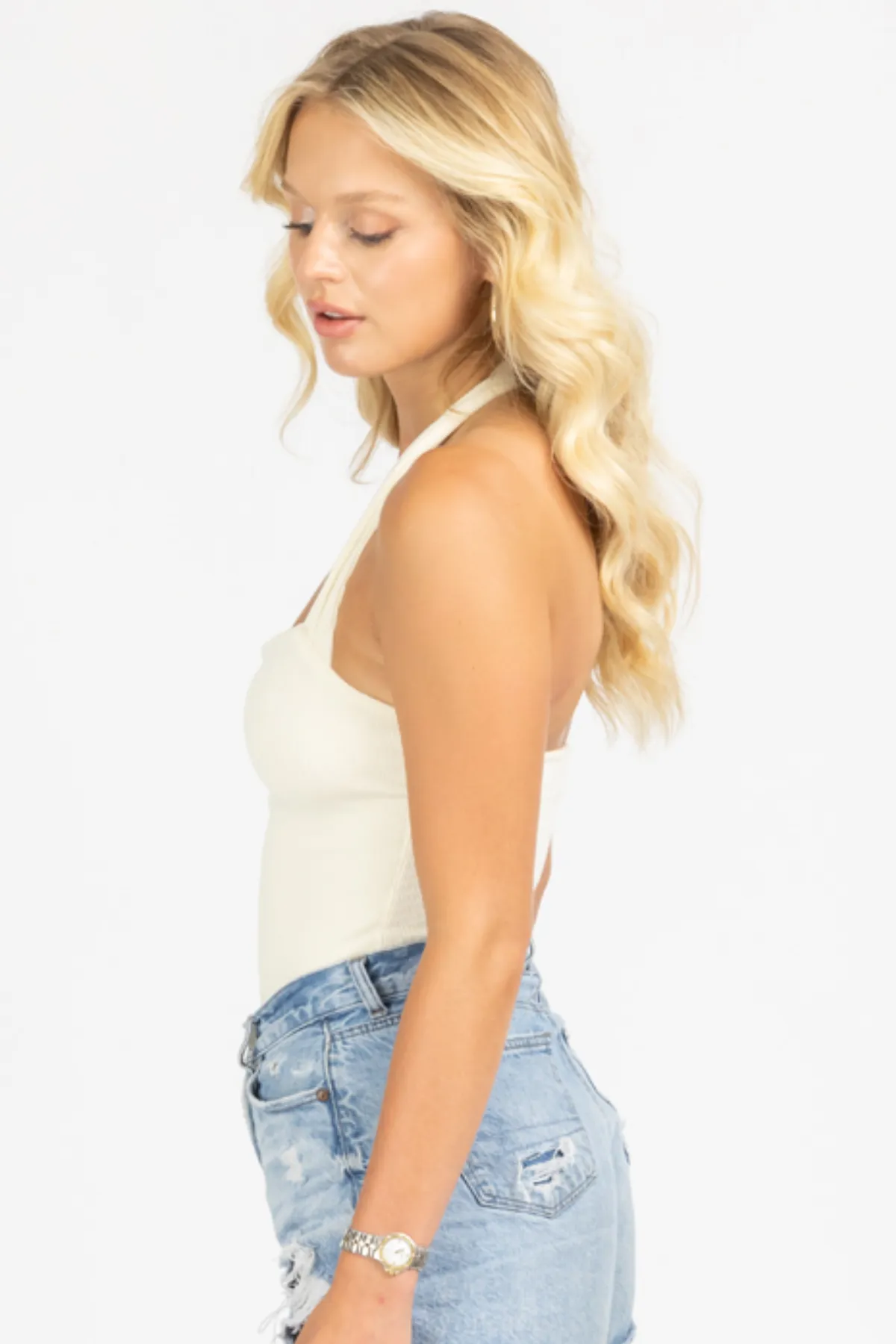 KNIT HALTERNECK BODYSUIT IN WHITE