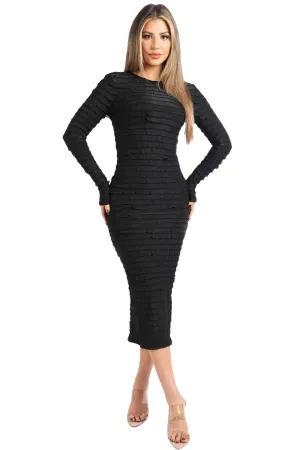 KTOO Women's Ruffled Textured Long Sleeve Bodycon Dress