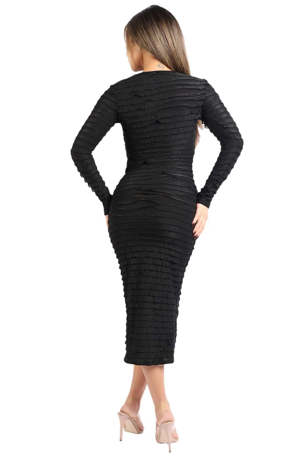 KTOO Women's Ruffled Textured Long Sleeve Bodycon Dress