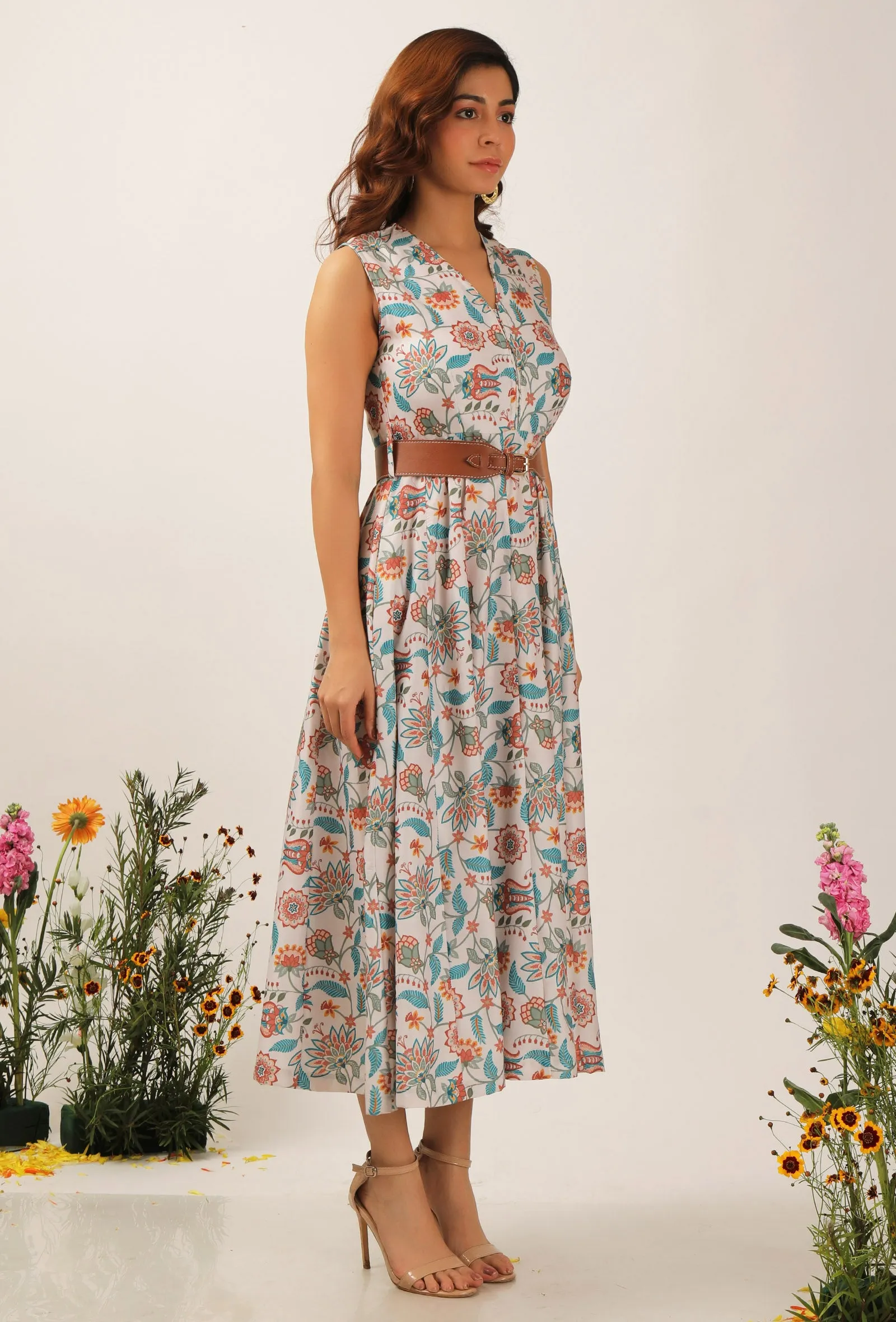 Lilybeth Floral Chintz Kalidar Long Dress With Belt