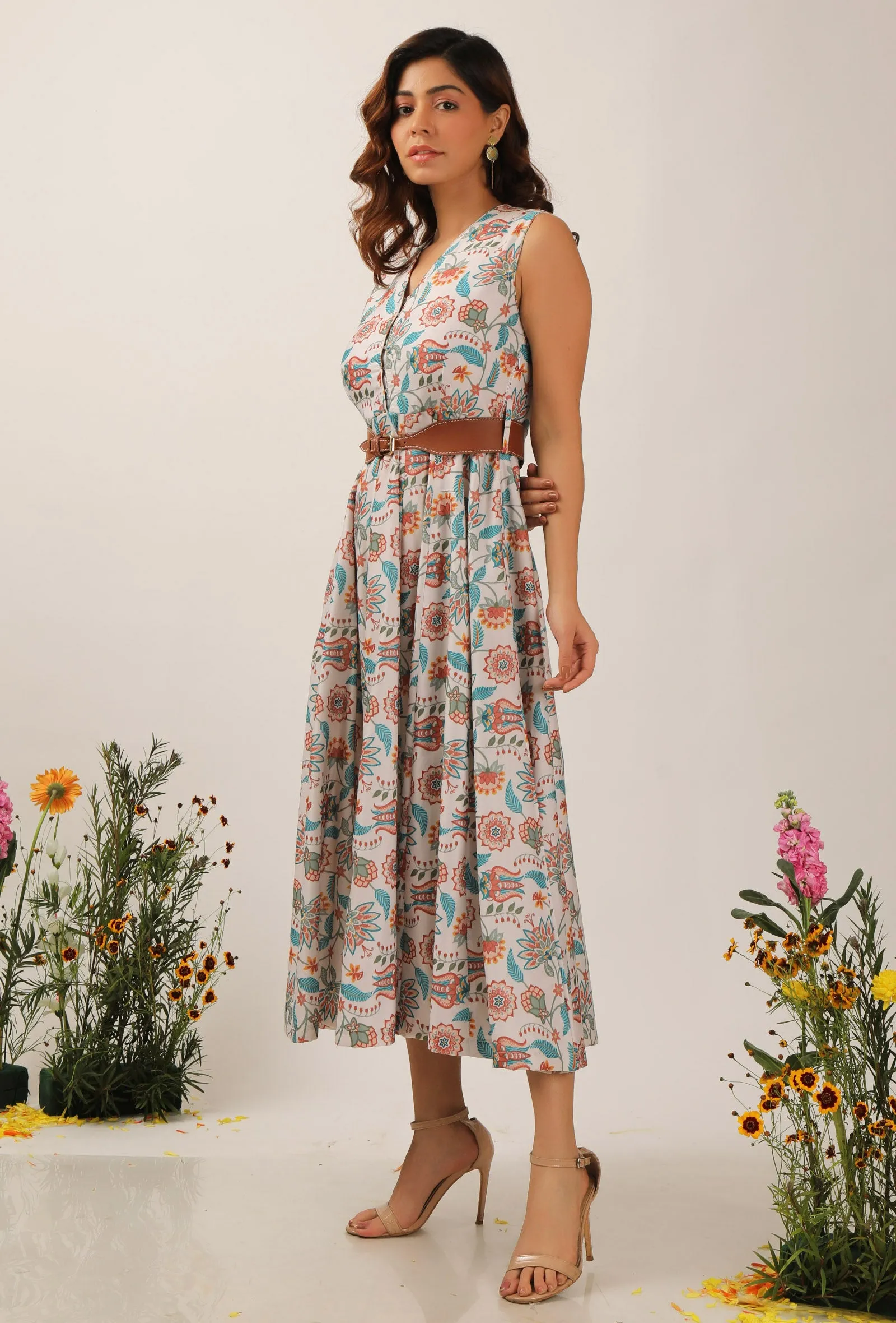 Lilybeth Floral Chintz Kalidar Long Dress With Belt