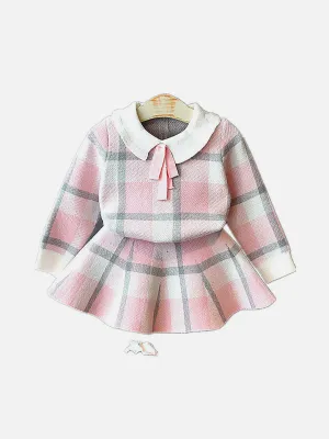 Little Surprise Box Pink Plaid Peter Pan collar 2 pcs sweatshirt & Skirt Winterwear set for Girls