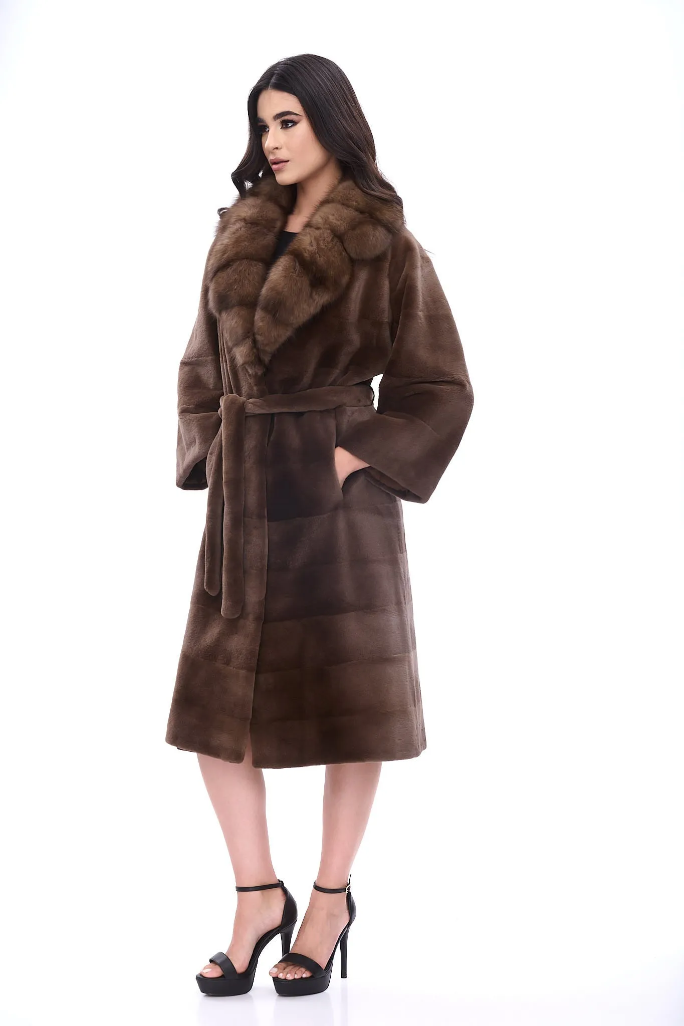 Long mink coat with sable lapels