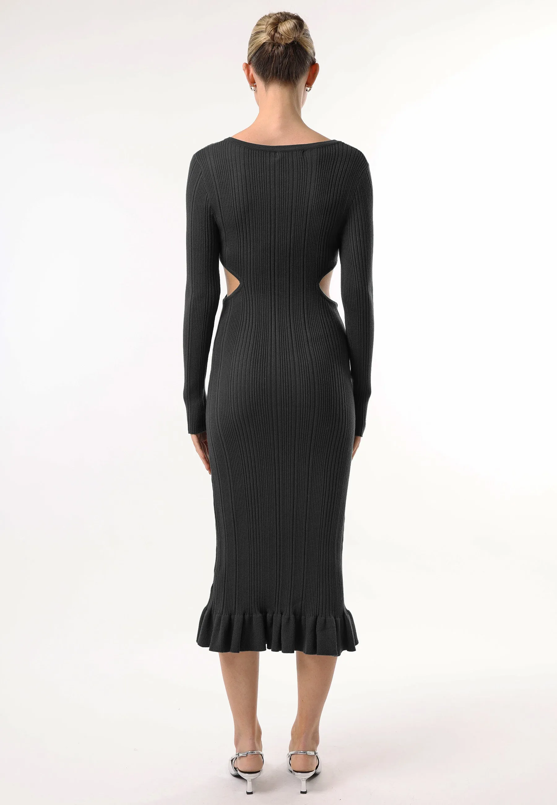 Long Sleeve Black Knit Midi Dress with Cut Outs