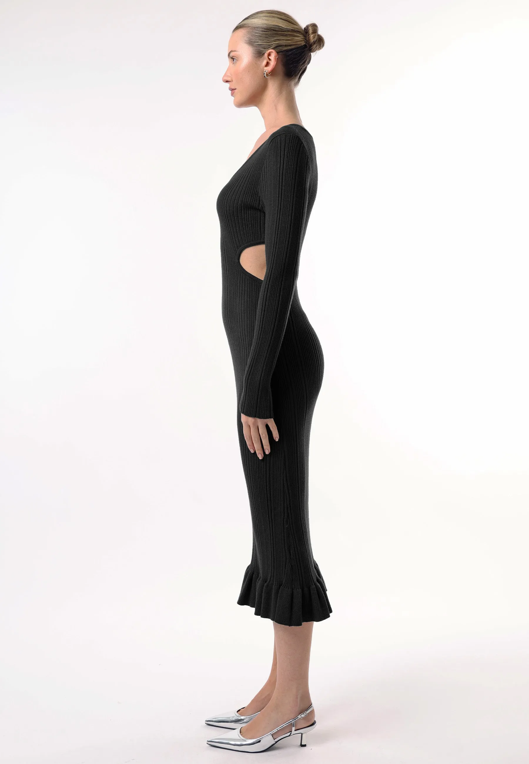 Long Sleeve Black Knit Midi Dress with Cut Outs