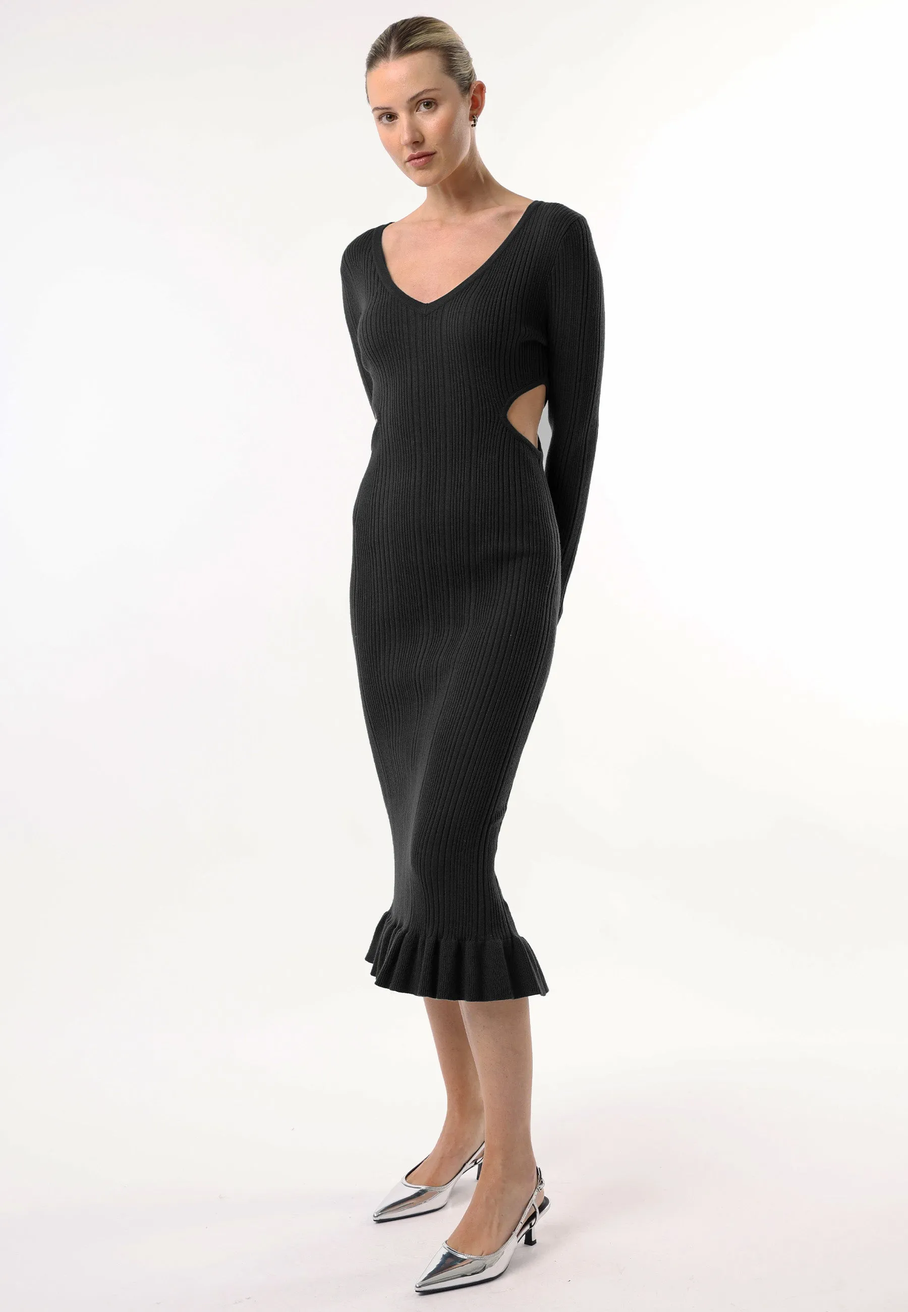 Long Sleeve Black Knit Midi Dress with Cut Outs