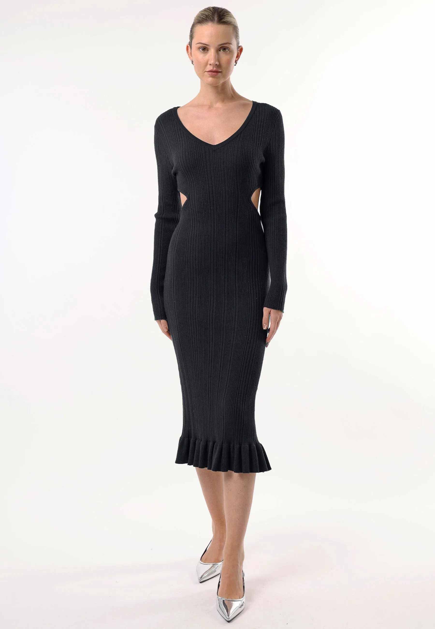 Long Sleeve Black Knit Midi Dress with Cut Outs