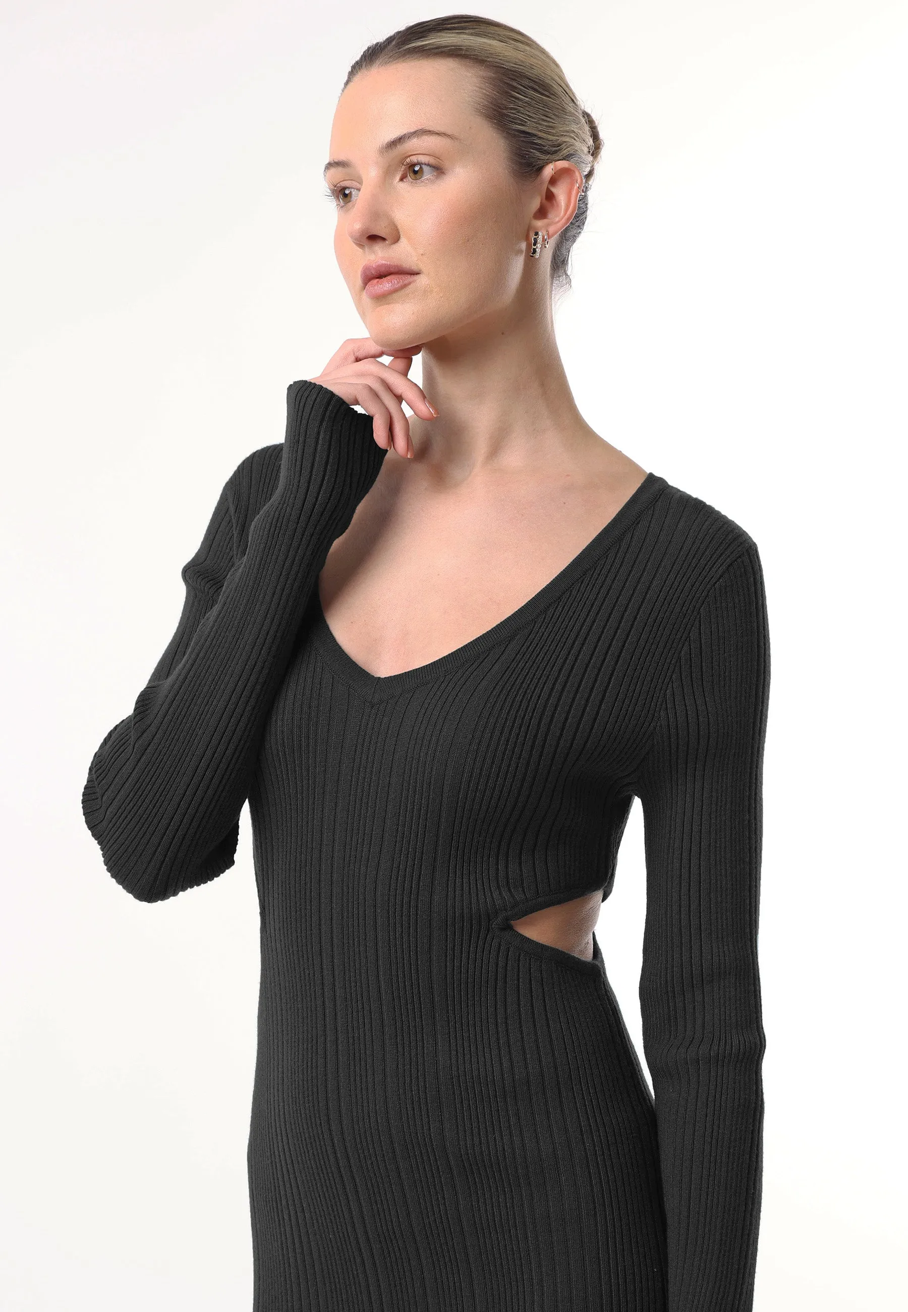 Long Sleeve Black Knit Midi Dress with Cut Outs